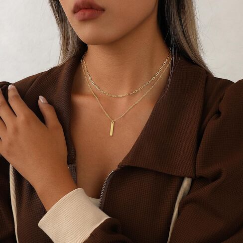 Dainty Gold Layered Necklace for Women,14k Gold Plated Paperclip Link Chain Cross Bar Heart Tag Cubic Zirconia Pendant Necklace Set,Gold Jewelry Gift for Women in Saudi Arabia