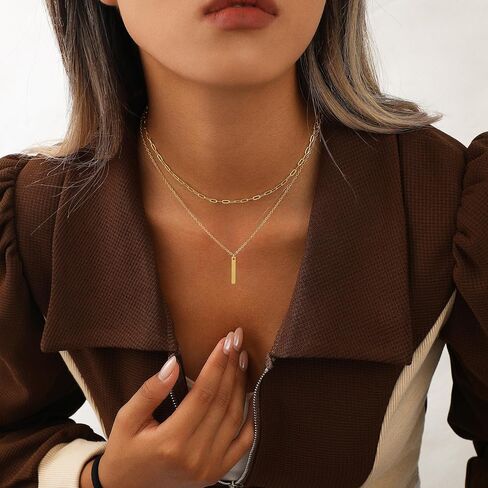 Dainty Gold Layered Necklace for Women,14k Gold Plated Paperclip Link Chain Cross Bar Heart Tag Cubic Zirconia Pendant Necklace Set,Gold Jewelry Gift for Women in Saudi Arabia