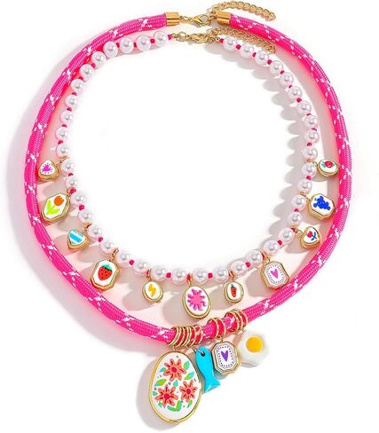 Stylish Double Layered Egg Flower Printed Fish Charms Rope Necklace for Women, Multi-Layer Colorful Floral Pendant Braided Rope Necklaces, Summer Beach Festival Jewelry Gift in Kuwait