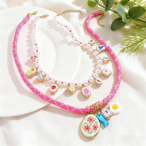 Stylish Double Layered Egg Flower Printed Fish Charms Rope Necklace for Women, Multi-Layer Colorful Floral Pendant Braided Rope Necklaces, Summer Beach Festival Jewelry Gift in Kuwait