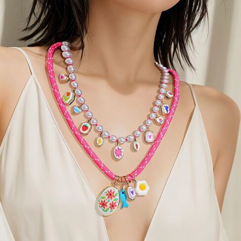 Stylish Double Layered Egg Flower Printed Fish Charms Rope Necklace for Women, Multi-Layer Colorful Floral Pendant Braided Rope Necklaces, Summer Beach Festival Jewelry Gift in Kuwait