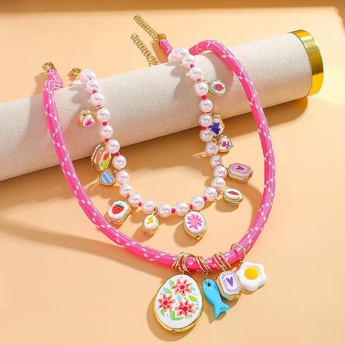 Stylish Double Layered Egg Flower Printed Fish Charms Rope Necklace for Women, Multi-Layer Colorful Floral Pendant Braided Rope Necklaces, Summer Beach Festival Jewelry Gift in Kuwait
