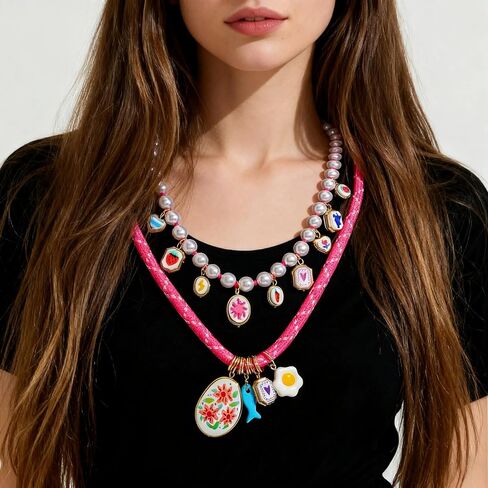 Stylish Double Layered Egg Flower Printed Fish Charms Rope Necklace for Women, Multi-Layer Colorful Floral Pendant Braided Rope Necklaces, Summer Beach Festival Jewelry Gift in Kuwait