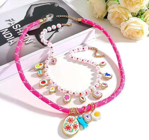 Stylish Double Layered Egg Flower Printed Fish Charms Rope Necklace for Women, Multi-Layer Colorful Floral Pendant Braided Rope Necklaces, Summer Beach Festival Jewelry Gift in Kuwait