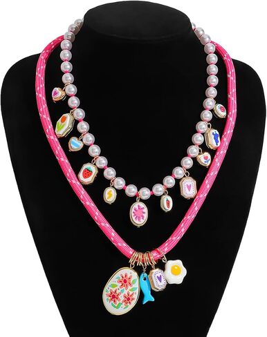 Stylish Double Layered Egg Flower Printed Fish Charms Rope Necklace for Women, Multi-Layer Colorful Floral Pendant Braided Rope Necklaces, Summer Beach Festival Jewelry Gift in Kuwait