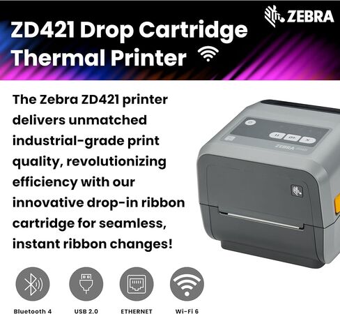 Zebra ZD421 طابعة تسمية الشحن الحرارية 4 "| 203 DPI | لا حبر مطلوب | 4x6 | اللاسلكي ، wifi ، USB ، Ethernet ، اضغط على إقران NFC | شريط إسقاط سهل | ضمان سنة 1 | UPS/USPS/FedEx | نقل حراري | النقل الحراري | in Kuwait