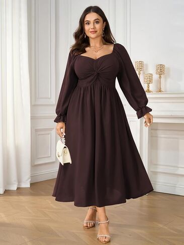 SCOMCHIC Women's Plus Size Wedding Guest Cocktail Dresses Fall Sweetheart Neckline Long Sleeve A Line Formal Maxi Dress in Saudi Arabia