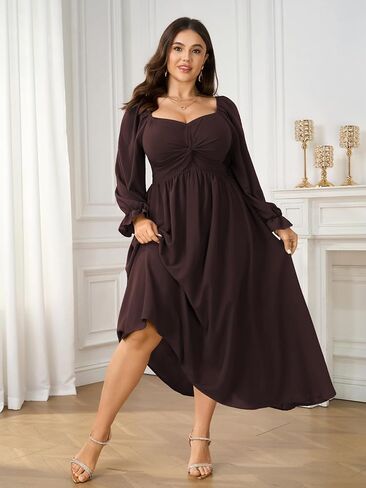 SCOMCHIC Women's Plus Size Wedding Guest Cocktail Dresses Fall Sweetheart Neckline Long Sleeve A Line Formal Maxi Dress in Saudi Arabia