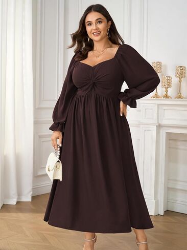 SCOMCHIC Women's Plus Size Wedding Guest Cocktail Dresses Fall Sweetheart Neckline Long Sleeve A Line Formal Maxi Dress in Saudi Arabia