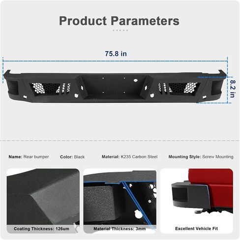 Rear Bumper fit for Ford F250 F350 Super Duty 2011-2016 Heavy Duty Rear Bumper w/LED Lights 2 D-Ring Step Plate Sensor Holes W/O Park Assist Sensor Cut-out Carbon Steel Powder-Coated Black in Saudi Arabia