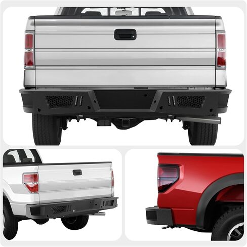 Rear Bumper fit for Ford F250 F350 Super Duty 2011-2016 Heavy Duty Rear Bumper w/LED Lights 2 D-Ring Step Plate Sensor Holes W/O Park Assist Sensor Cut-out Carbon Steel Powder-Coated Black in Saudi Arabia