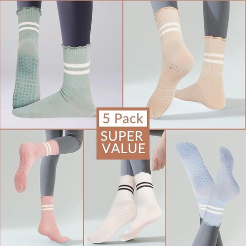 Benefeet Sox Pilates Socks Women Non-Slip Grip Ruffle Frilly Yoga Socks Slipper Sock for Barre Hospital Workout 5/6 Pair in Saudi Arabia