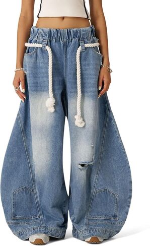 Aelfric Eden Baggy Barrel Jeans Reverse Loose Ripped Denim Pants for Women Men Elastic Waist Streetwear Y2k Trousers in Saudi Arabia