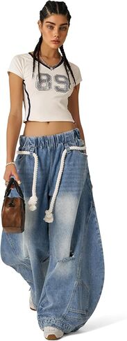 Aelfric Eden Baggy Barrel Jeans Reverse Loose Ripped Denim Pants for Women Men Elastic Waist Streetwear Y2k Trousers in Saudi Arabia