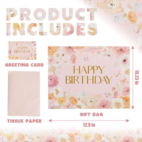 Daniube 16.5 "مجموعة هدايا عيد ميلاد سعيدة كبيرة الزهرة البرية مع مقابض ، بطاقة تحية ، أوراق الأنسجة لتصميم الأزهار النساء الفتيات (1pcs). in Kuwait
