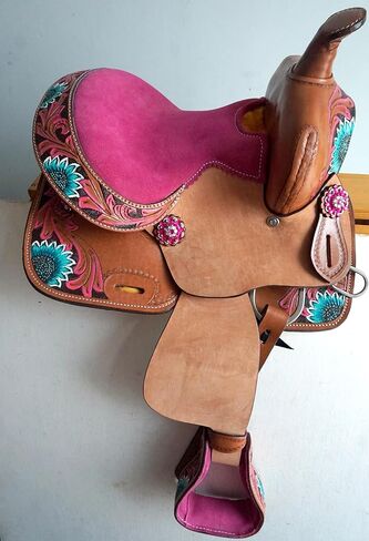 12 "سرج جلدي من Western Pony Youth مع زهرة مطلية باليد ومقعد من جلد الغزال المطابق in Kuwait