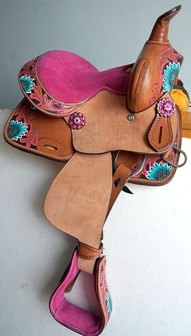 12 "سرج جلدي من Western Pony Youth مع زهرة مطلية باليد ومقعد من جلد الغزال المطابق in Kuwait