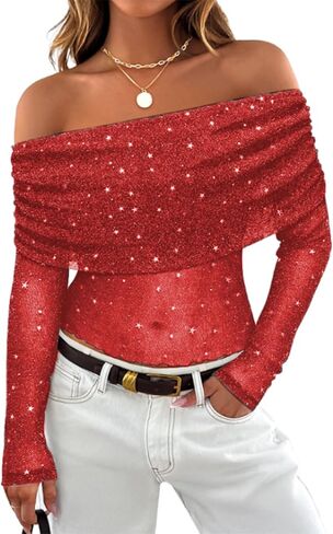 Women Sparkly Off The Shoulder Sheer Mesh Tops Glitter See Through Long Sleeve Foldover Top Party Concert Outfits in Kuwait