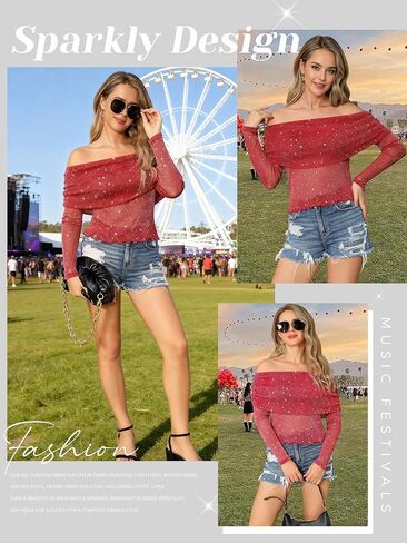 Women Sparkly Off The Shoulder Sheer Mesh Tops Glitter See Through Long Sleeve Foldover Top Party Concert Outfits in Kuwait