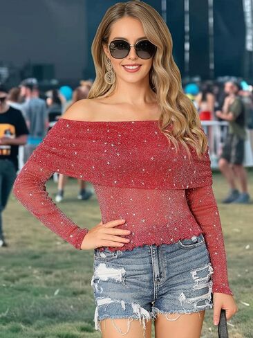 Women Sparkly Off The Shoulder Sheer Mesh Tops Glitter See Through Long Sleeve Foldover Top Party Concert Outfits in Kuwait