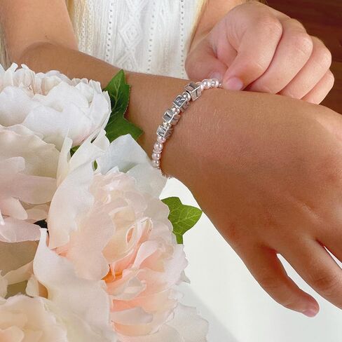 Sterling Silver Initial Bracelet, Silver Beads and Alphabet letters with your Name, Birthday Girl Bracelets for Girls Baptism Gifts, Personalized Birthday Gifts in Kuwait