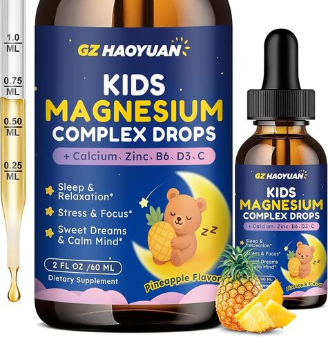 Kids Magnesium Liquid Drops - Magnesium Glycinate Drops for Kids, Citrate Liquid with Calcium, Omega-3, L-theanine, Zinc, Vitamin B6 D3 C for Sleep, Relaxation, Calm & Focus, Strawberry Flavor,2 Fl Oz in Saudi Arabia