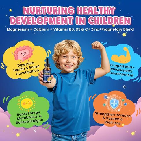 Kids Magnesium Liquid Drops - Magnesium Glycinate Drops for Kids, Citrate Liquid with Calcium, Omega-3, L-theanine, Zinc, Vitamin B6 D3 C for Sleep, Relaxation, Calm & Focus, Strawberry Flavor,2 Fl Oz in Saudi Arabia