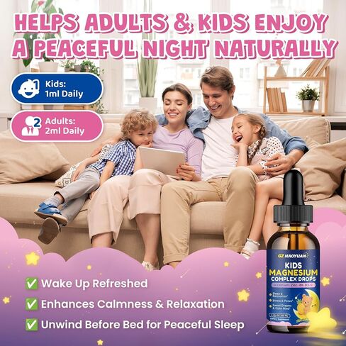 Kids Magnesium Liquid Drops - Magnesium Glycinate Drops for Kids, Citrate Liquid with Calcium, Omega-3, L-theanine, Zinc, Vitamin B6 D3 C for Sleep, Relaxation, Calm & Focus, Strawberry Flavor,2 Fl Oz in Saudi Arabia