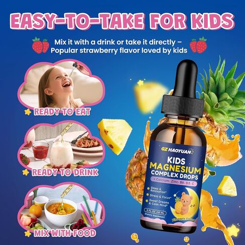 Kids Magnesium Liquid Drops - Magnesium Glycinate Drops for Kids, Citrate Liquid with Calcium, Omega-3, L-theanine, Zinc, Vitamin B6 D3 C for Sleep, Relaxation, Calm & Focus, Strawberry Flavor,2 Fl Oz in Saudi Arabia