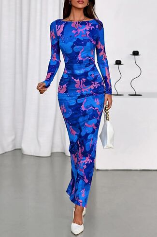 PRETTYGARDEN Women's Long Sleeve Bodycon Dresses 2025 Fall Sexy Floral Mesh Slit Ruched Tight Maxi Wedding Guest Dress in Saudi Arabia