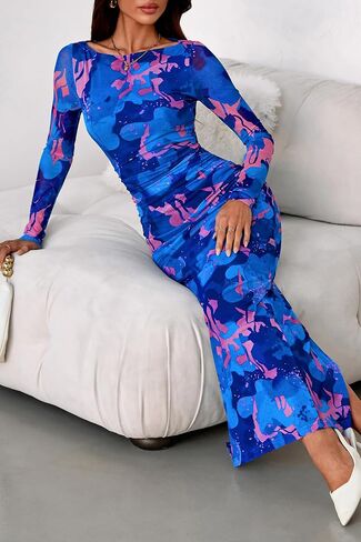PRETTYGARDEN Women's Long Sleeve Bodycon Dresses 2025 Fall Sexy Floral Mesh Slit Ruched Tight Maxi Wedding Guest Dress in Saudi Arabia