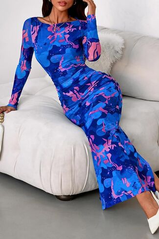 PRETTYGARDEN Women's Long Sleeve Bodycon Dresses 2025 Fall Sexy Floral Mesh Slit Ruched Tight Maxi Wedding Guest Dress in Saudi Arabia