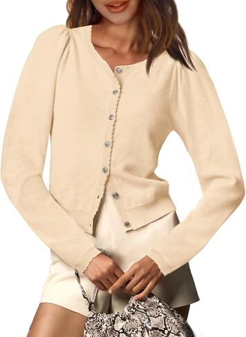 Saodimallsu Womens Puff Long Sleeve Cardigan Sweaters Fall Button Down Lightweight Knit Crew Neck Sweater Shirts in Saudi Arabia