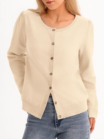 Saodimallsu Womens Puff Long Sleeve Cardigan Sweaters Fall Button Down Lightweight Knit Crew Neck Sweater Shirts in Saudi Arabia