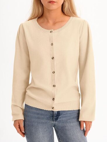 Saodimallsu Womens Puff Long Sleeve Cardigan Sweaters Fall Button Down Lightweight Knit Crew Neck Sweater Shirts in Saudi Arabia