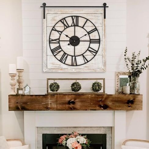 Large Farmhouse Wall Clock – 24 Inch Square Rustic Wooden Clock with Decorative Reversible Wooden Sign, Perfect for Any Space and Ideal Gift in Saudi Arabia