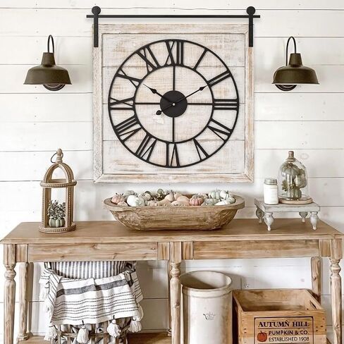 Large Farmhouse Wall Clock – 24 Inch Square Rustic Wooden Clock with Decorative Reversible Wooden Sign, Perfect for Any Space and Ideal Gift in Saudi Arabia