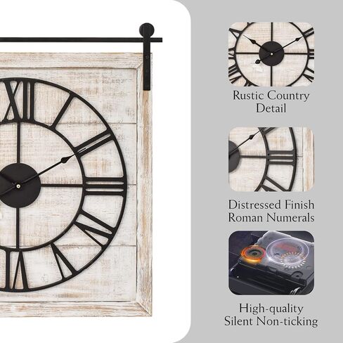 Large Farmhouse Wall Clock – 24 Inch Square Rustic Wooden Clock with Decorative Reversible Wooden Sign, Perfect for Any Space and Ideal Gift in Saudi Arabia