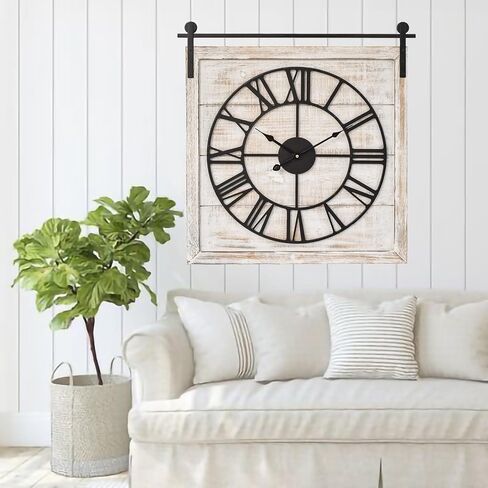 Large Farmhouse Wall Clock – 24 Inch Square Rustic Wooden Clock with Decorative Reversible Wooden Sign, Perfect for Any Space and Ideal Gift in Saudi Arabia