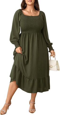 SCOMCHIC Women's Plus Size Maxi Dress Long Sleeve Square Neck Dress Casual Smocked Ruffle Swing Flowy Long Fall Dresses in Saudi Arabia