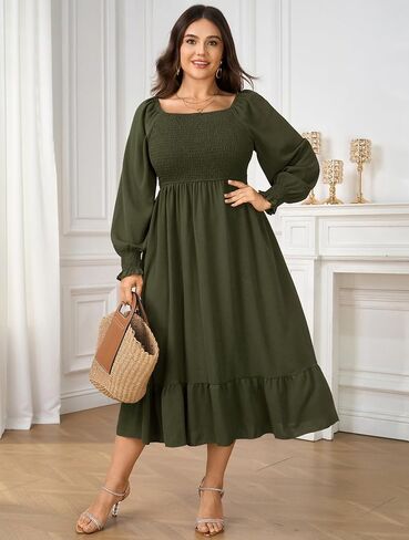 SCOMCHIC Women's Plus Size Maxi Dress Long Sleeve Square Neck Dress Casual Smocked Ruffle Swing Flowy Long Fall Dresses in Saudi Arabia