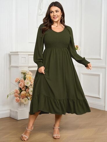 SCOMCHIC Women's Plus Size Maxi Dress Long Sleeve Square Neck Dress Casual Smocked Ruffle Swing Flowy Long Fall Dresses in Saudi Arabia