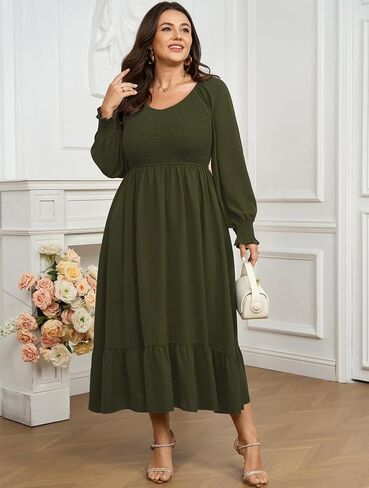 SCOMCHIC Women's Plus Size Maxi Dress Long Sleeve Square Neck Dress Casual Smocked Ruffle Swing Flowy Long Fall Dresses in Saudi Arabia