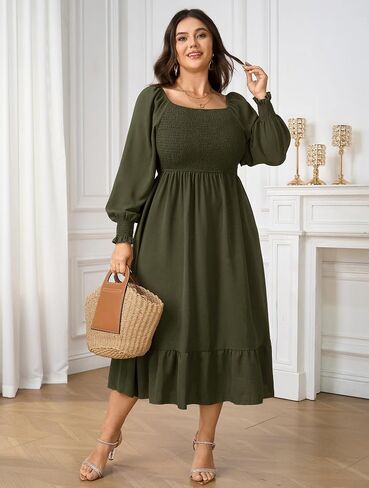 SCOMCHIC Women's Plus Size Maxi Dress Long Sleeve Square Neck Dress Casual Smocked Ruffle Swing Flowy Long Fall Dresses in Saudi Arabia
