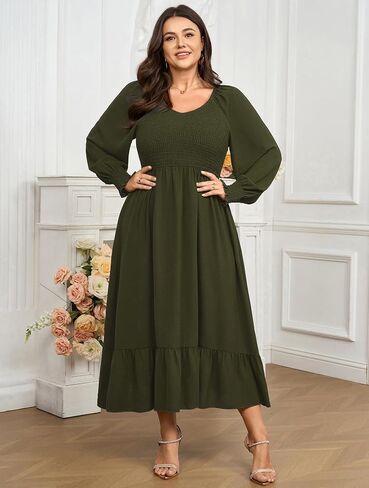 SCOMCHIC Women's Plus Size Maxi Dress Long Sleeve Square Neck Dress Casual Smocked Ruffle Swing Flowy Long Fall Dresses in Saudi Arabia