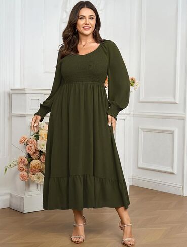 SCOMCHIC Women's Plus Size Maxi Dress Long Sleeve Square Neck Dress Casual Smocked Ruffle Swing Flowy Long Fall Dresses in Saudi Arabia