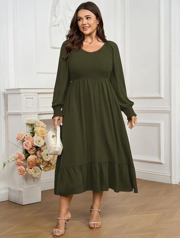 SCOMCHIC Women's Plus Size Maxi Dress Long Sleeve Square Neck Dress Casual Smocked Ruffle Swing Flowy Long Fall Dresses in Saudi Arabia