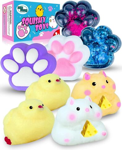 Cute Squishy Pack,Fufu Squishy Fidget Toys Kit,Include Squishies(2 Chick, 4 Cat Paws, 2 Hamster),Stress Relief Toy,Squeeze Toys,Party Favors,Birthday Gift for Girls, Boys, Kids in Kuwait