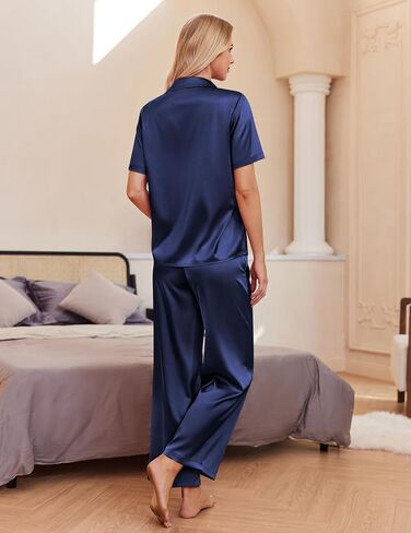 Ekouaer Womens Silk Satin Pajamas Set Button Down 2 Piece Pjs Wide Leg Long Pants Sleepwear Lounge Set with Pockets Red in Saudi Arabia