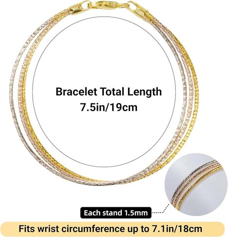 925 Sterling Silver Tri-color Stackable Bracelet for Women | Silver, Gold&Rose Gold Plated 3-Strand Diamond-Cut Link Chain | Trendy Dainty Layered Bracelets | Gift for Her, Birthday, Christmas, Valentine's Day in Saudi Arabia